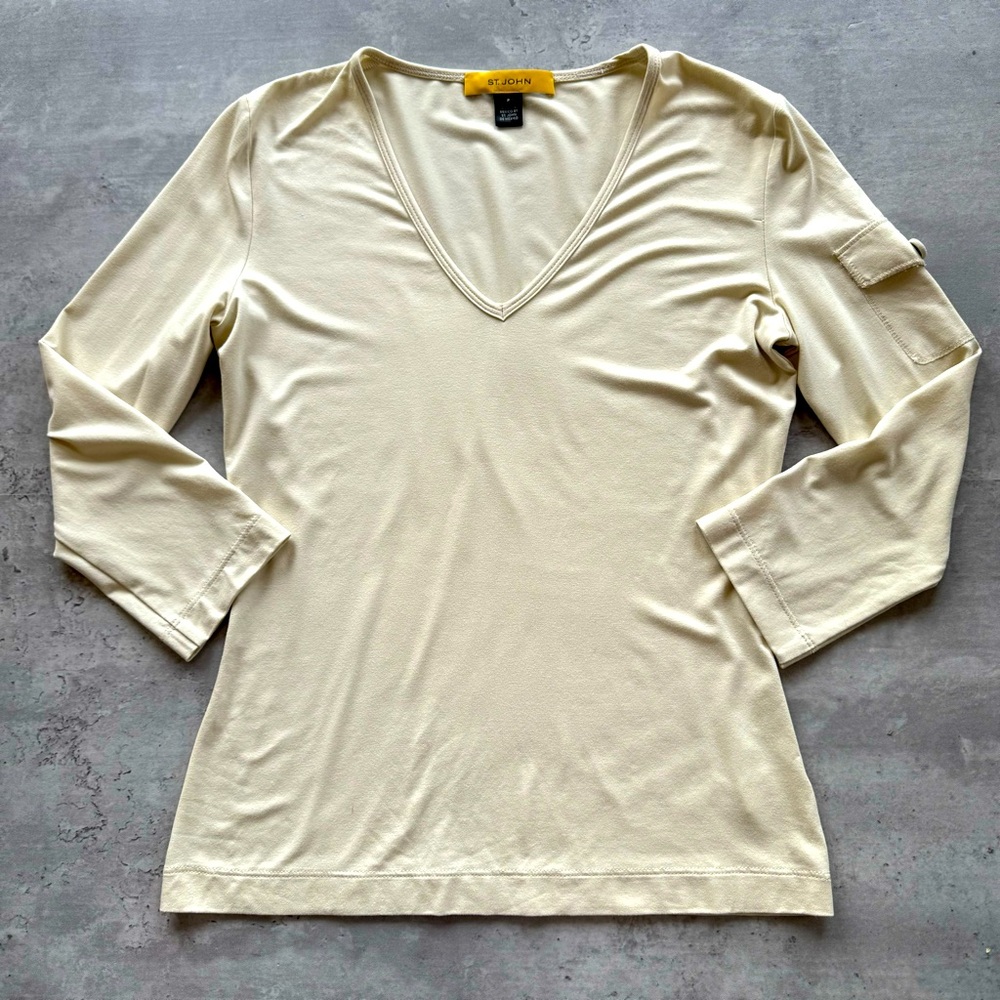St. John V Neck Top, Cream, Size Petite